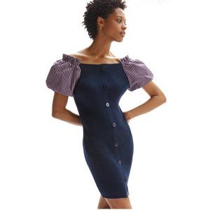 NWT Anthropologie Maeve Check Puff Sleeve Mini Buttoned Sweater Dress Navy Blue